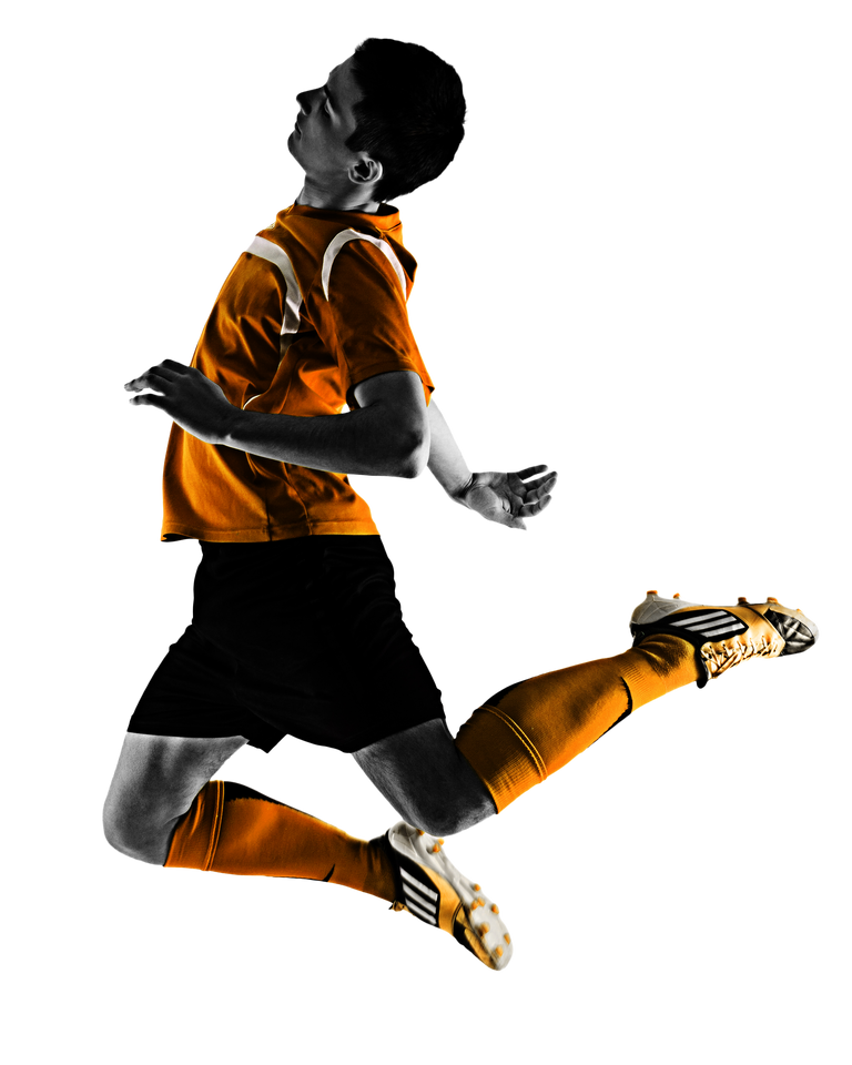 One Brazilian Soccer Football Player Young Man Heading in Silhouette Studio Isolated on White Background